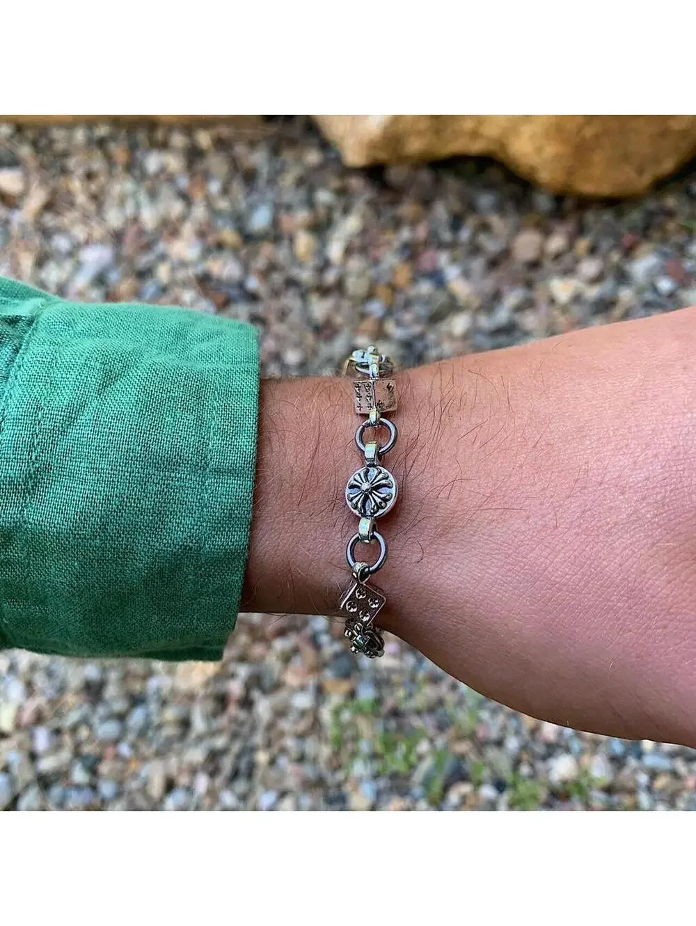 Y2k style grunge dice and gothic cross pendant silver punk bracelet. Comes new